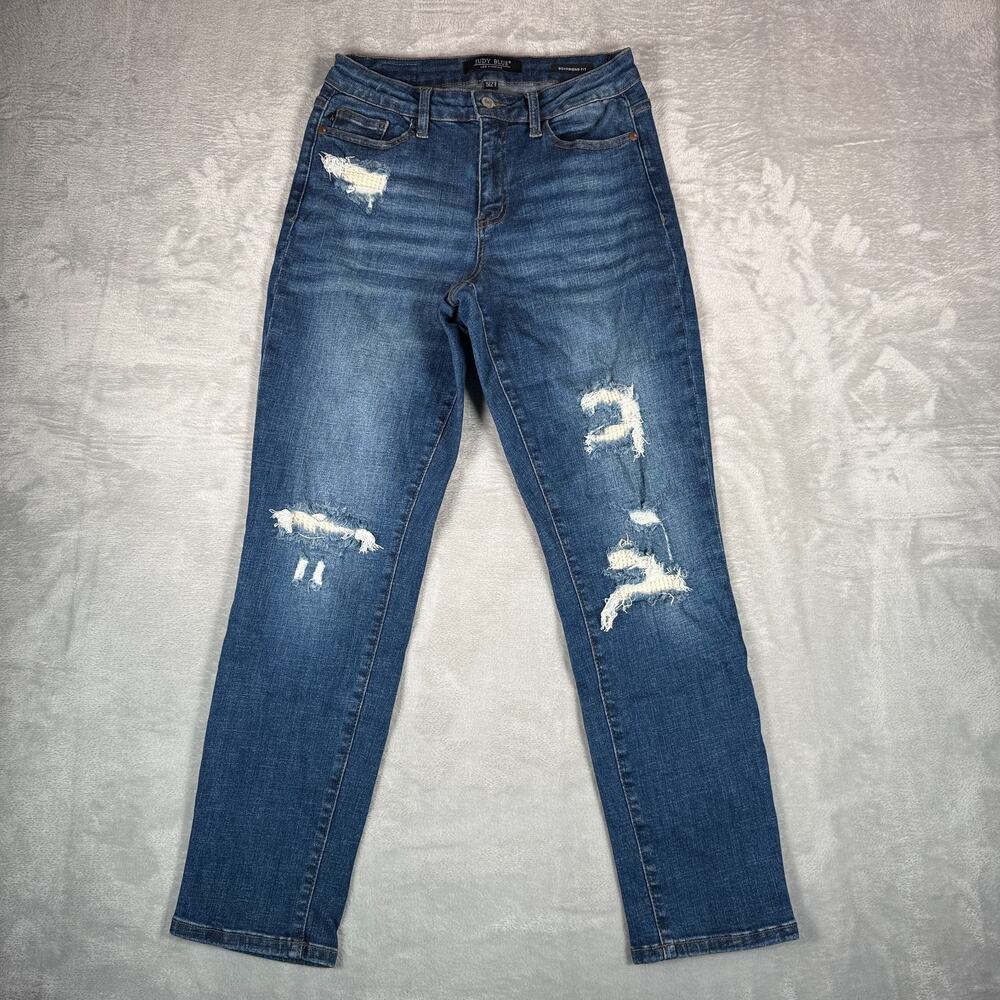 Judy Blue Jeans Womens 5/27 Boyfriend Fit Mid Rise Stretch Distressed Hem Blue